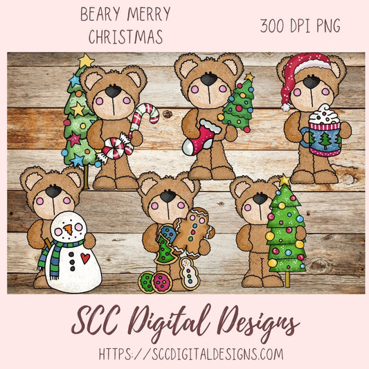 Beary Merry Christmas PNG, Holiday Tree, Gingerbread Cookie, Cocoa Mug & Snowman Clip Art for Paper Crafts, Whimsical Wildlife for Wall Art