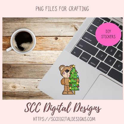 Beary Merry Christmas PNG, Holiday Tree, Gingerbread Cookie, Cocoa Mug & Snowman Clip Art for Paper Crafts, Whimsical Wildlife for Wall Art