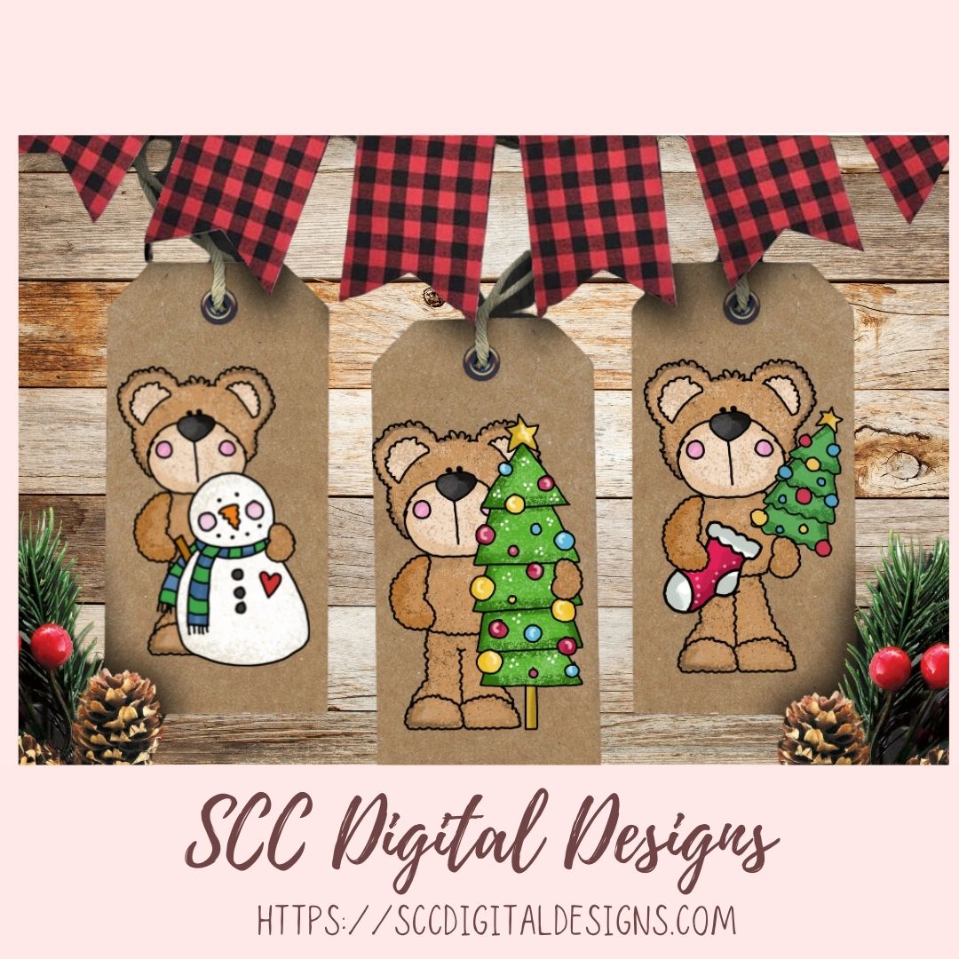 Beary Merry Christmas PNG, Holiday Tree, Gingerbread Cookie, Cocoa Mug & Snowman Clip Art for Paper Crafts, Whimsical Wildlife for Wall Art