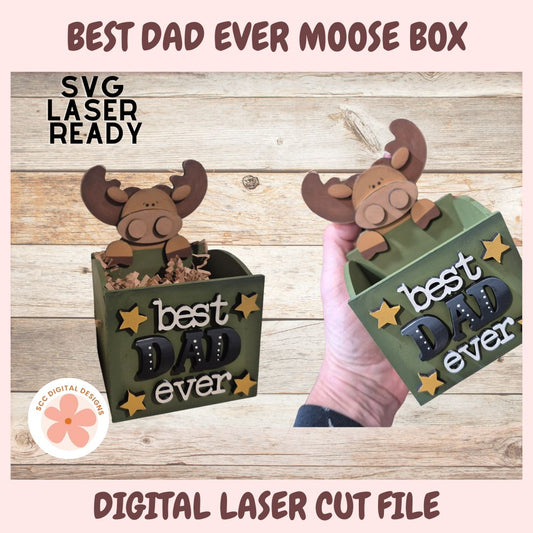 Moose-shaped box with 'best dad ever' text on a wooden background