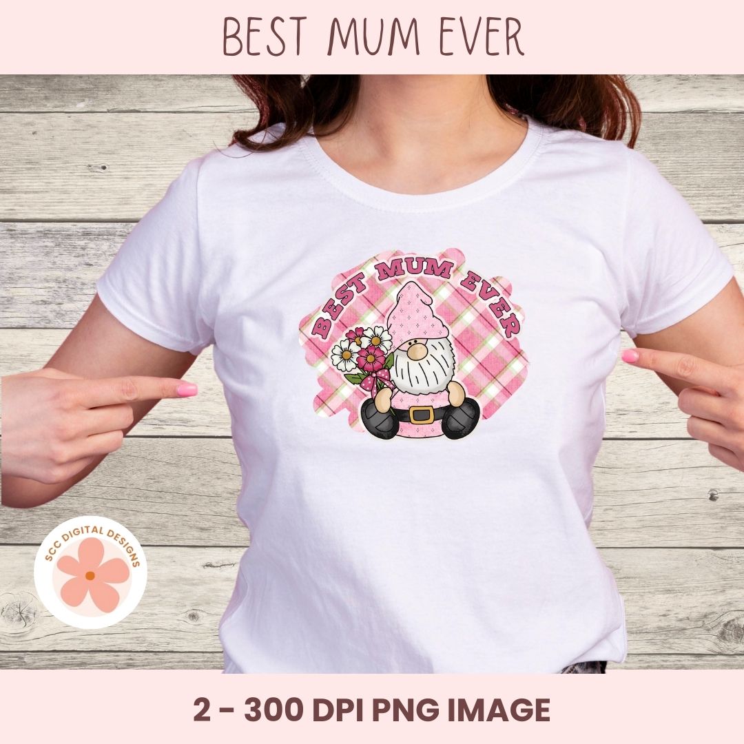 White t-shirt with a cartoon gnome and 'Best Mum Ever' text on a wooden background