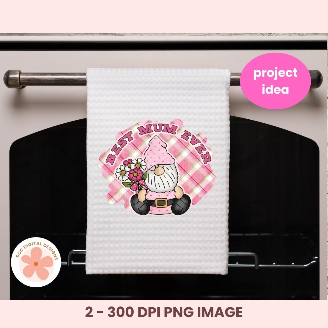 Towel with a gnome design and 'Best Mum Ever' text hanging on an oven handle.