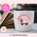 White mug with a gnome design and 'Best Mom Ever' text on a blurred background