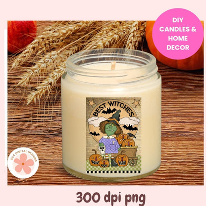 Candle with Halloween-themed label on a wooden surface with pumpkins and wheat.