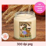Candle with Halloween-themed label on a wooden surface with pumpkins and wheat.