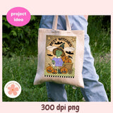 Tote bag with Halloween design held by a person outdoors, featuring text 'Best Witches' and images of a witch, pumpkins, and bats.