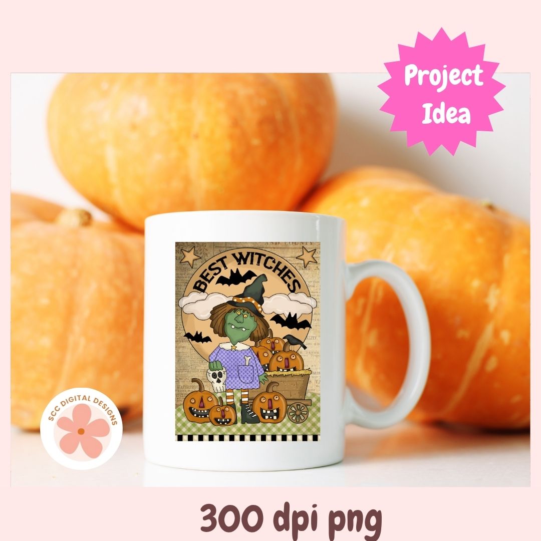 White mug with Halloween-themed design featuring pumpkins and text, placed in front of pumpkins.