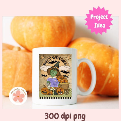 White mug with Halloween-themed design featuring pumpkins and text, placed in front of pumpkins.
