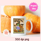 White mug with Halloween-themed design featuring pumpkins and text, placed in front of pumpkins.