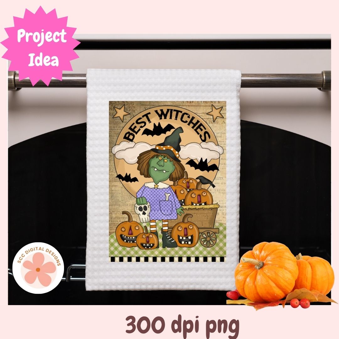 Halloween-themed towel with a witch design on a rack, surrounded by pumpkins.