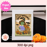 Halloween-themed towel with a witch design on a rack, surrounded by pumpkins.