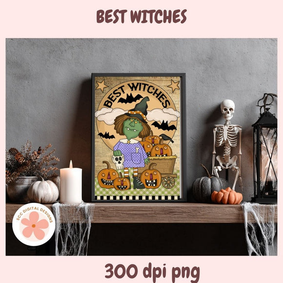 Halloween-themed decor with a framed picture, skeleton, and pumpkins on a shelf.