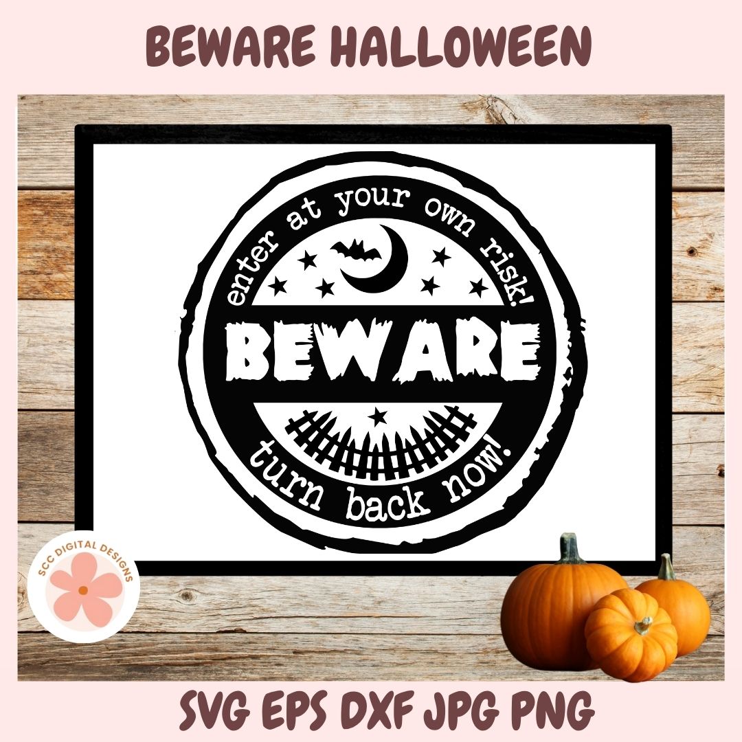 Halloween-themed sign with text 'Beware' on a wooden background with pumpkins.