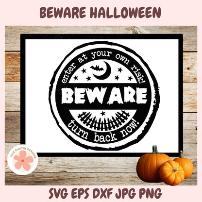 Halloween-themed sign with text 'Beware' on a wooden background with pumpkins.