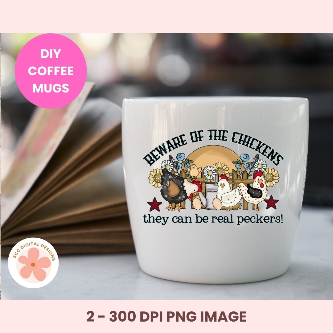 White coffee mug with chicken design and text on a blurred background