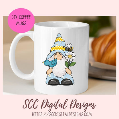 Honey Bee Gnome Clipart for Sublimation Designs Sunflowers Bumble Bees and Blue Bird
