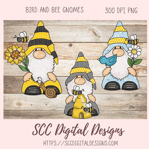 Honey Bee Gnome Clipart for Sublimation Designs Sunflowers Bumble Bees and Blue Bird 