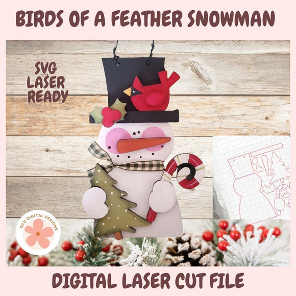 Digital laser cut file of a snowman with birds on top, set against a wooden background.