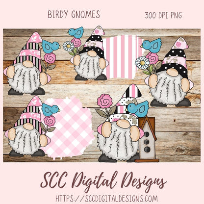 Spring Gnome Clipart bluebirds pink flowers blue birds