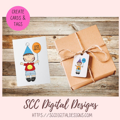 Birthday Kids PNG, Digial Stamps for Coloring Pages, Colorful Balloons for Sublimation T-Shirts, DIY Party Invitations and Greeting Cards