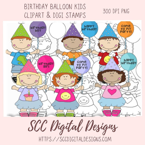 Birthday Kids PNG, Digial Stamps for Coloring Pages, Colorful Balloons for Sublimation T-Shirts, DIY Party Invitations and Greeting Cards