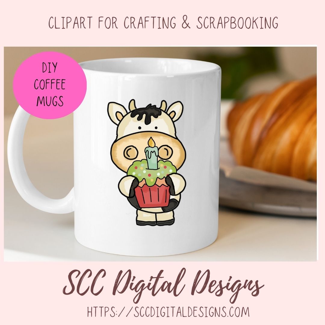 Birthday Cow PNG, Black and White Whimsical Cows with Presents, Balloons & Cupcakes for Stickers, DIY Sublimation T-Shirts and Mugs for Kids