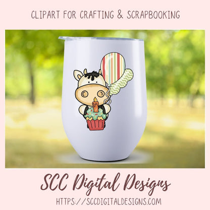 Birthday Cow PNG, Black and White Whimsical Cows with Presents, Balloons & Cupcakes for Stickers, DIY Sublimation T-Shirts and Mugs for Kids