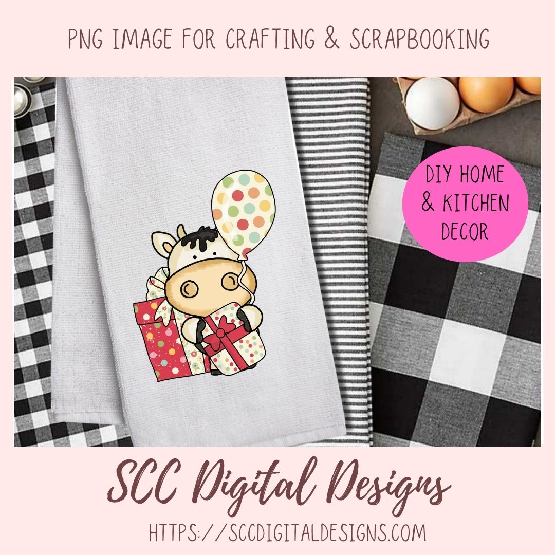 Birthday Cow PNG, Black and White Whimsical Cows with Presents, Balloons & Cupcakes for Stickers, DIY Sublimation T-Shirts and Mugs for Kids