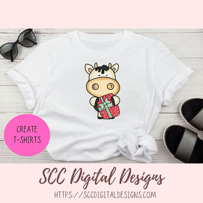 Birthday Cow PNG, Black and White Whimsical Cows with Presents, Balloons & Cupcakes for Stickers, DIY Sublimation T-Shirts and Mugs for Kids