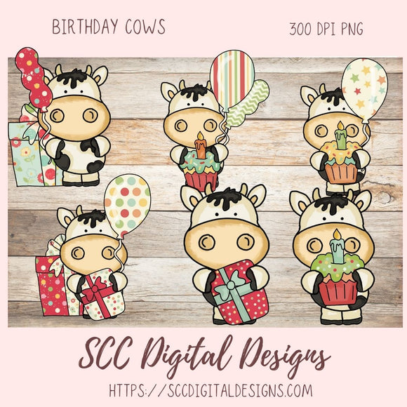 Birthday Cow PNG, Black and White Whimsical Cows with Presents, Balloons & Cupcakes for Stickers, DIY Sublimation T-Shirts and Mugs for Kids