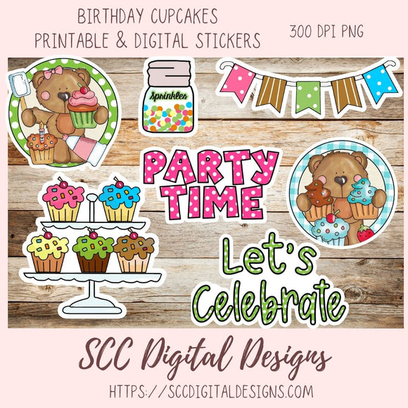 Birthday Cupcakes PNG, Whimsical Bear Printable Stickers for Kids for Tumblers, Digital Stickers Goodnotes Compatible Scrapbooking Elements