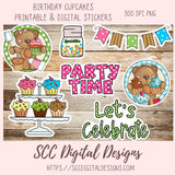 Birthday Cupcakes PNG, Whimsical Bear Printable Stickers for Kids for Tumblers, Digital Stickers Goodnotes Compatible Scrapbooking Elements