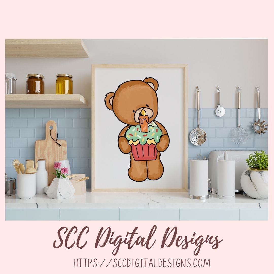 Cute Teddy Bear PNG, Birthday Balloons, Presents, Cupcakes Clipart for Paper Crafting for Parties, Whimsical Wildlife Clip Art for Digital Scrapbooking
