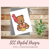 Cute Teddy Bear PNG, Birthday Balloons, Presents, Cupcakes Clipart for Paper Crafting for Parties, Whimsical Wildlife Clip Art for Digital Scrapbooking