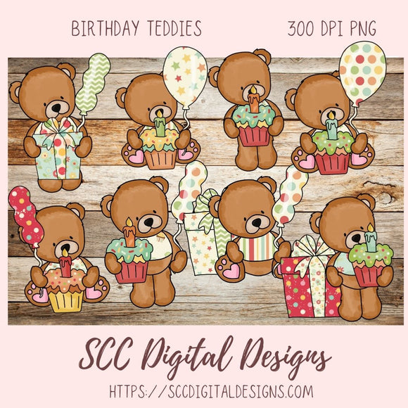 Cute Teddy Bear PNG, Birthday Balloons, Presents, Cupcakes Clipart for Paper Crafting for Parties, Whimsical Wildlife Clip Art for Digital Scrapbooking