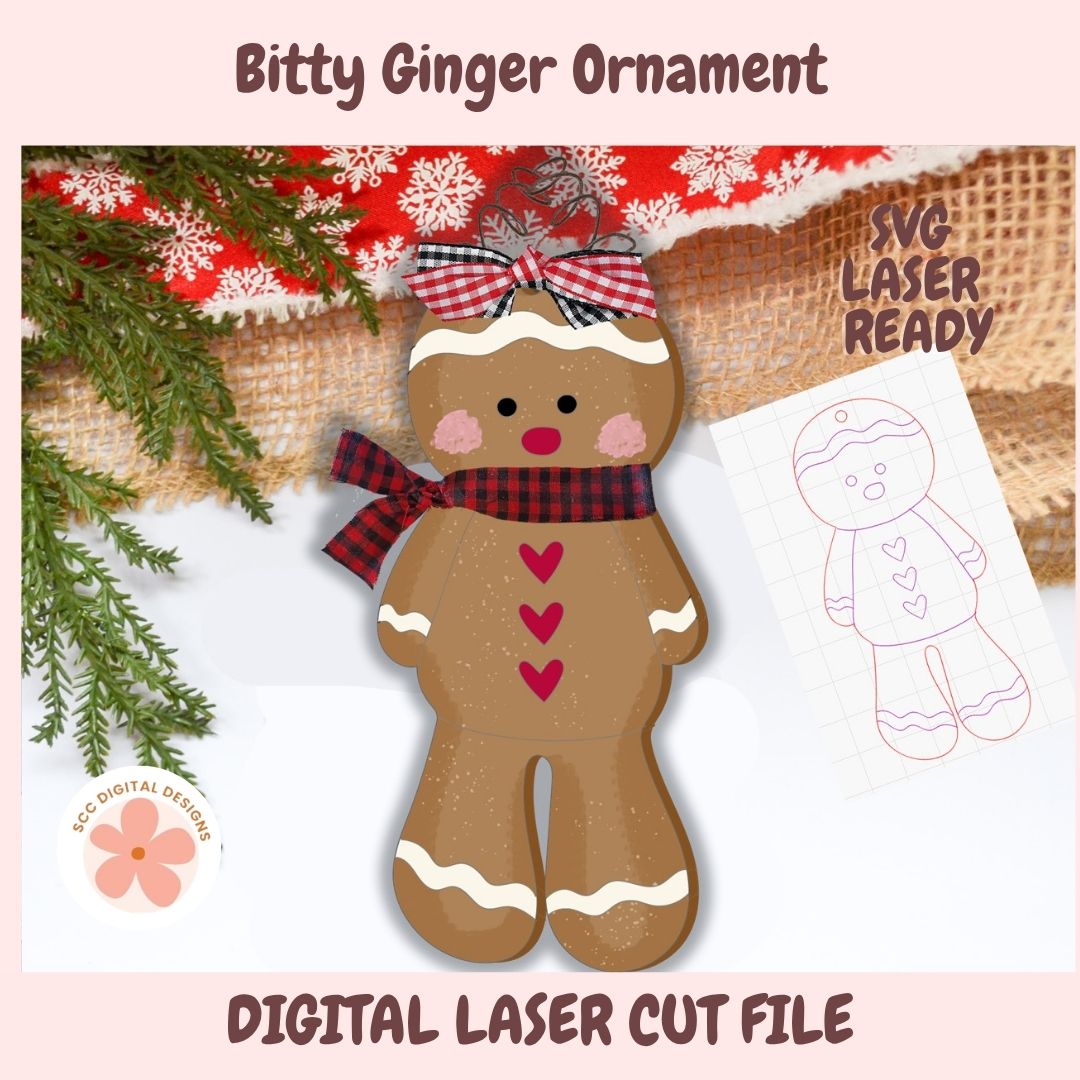Create cute wooden gingerbread ornaments with our Bitty Gingerbread Laser SVG. Perfect for Glowforge, laser engraving, DIY Christmas decor, and handmade gifts.