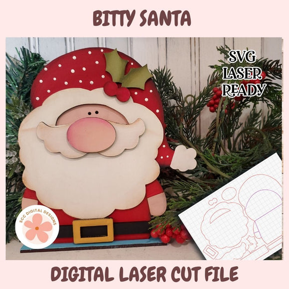 Digital laser cut file of a Santa Claus design with Christmas elements on a white background.