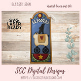 Digital laser cut file of a 'Blessed' sign with a horse design on a wooden background, featuring the brand SCC Digital Designs.