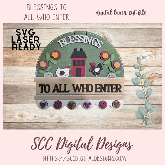 Decorative sign with 'Blessings to all who enter' text on a wooden background, featuring animals and flowers.