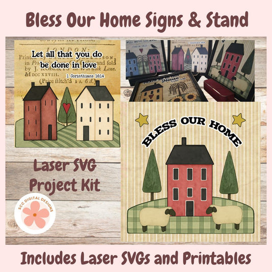 Bless Our Home signs and stand with laser SVG project kit on a wooden background