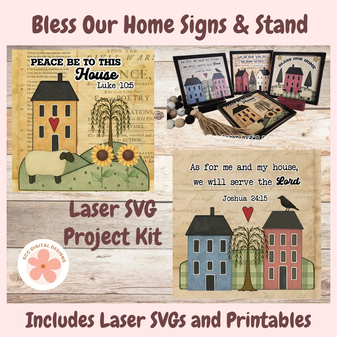 Laser SVG project kit for 'Bless Our Home' signs and stand with various designs on a wooden background.