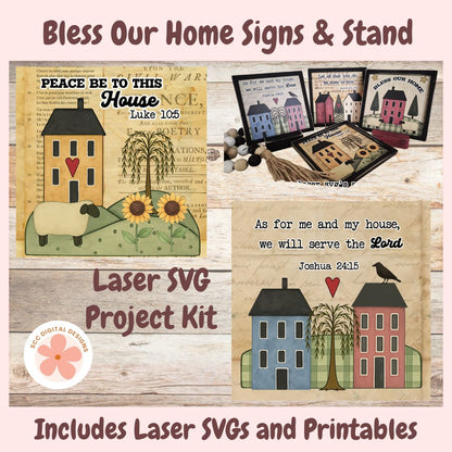 Laser SVG project kit for 'Bless Our Home' signs and stand with various designs on a wooden background.