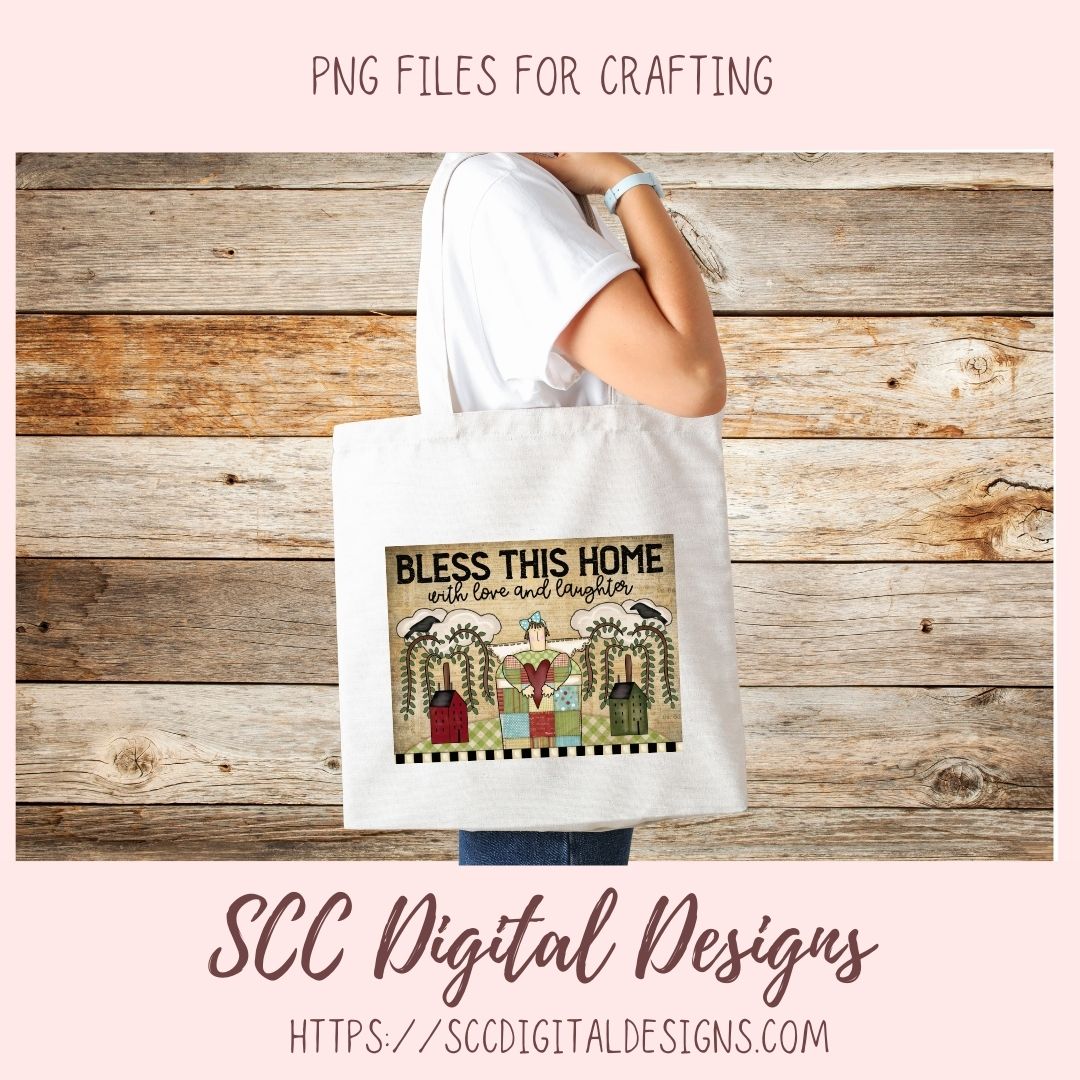 Bless This Home With Love & Laughter PNG, Prim Clipart for Home Decor for Mom, Salt Block Houses Primitive Clip Art for Wall Art for Girlfriend