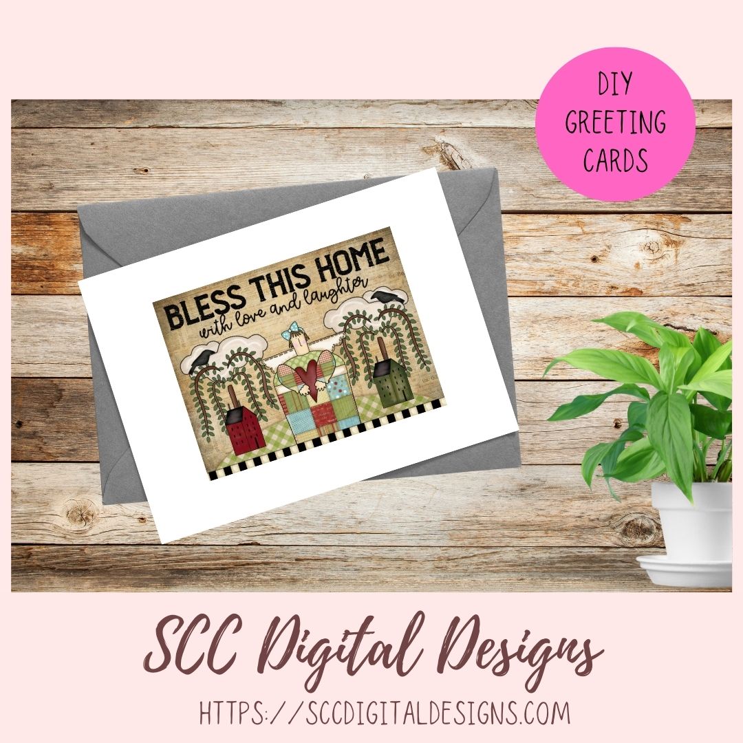 Bless This Home With Love & Laughter PNG, Prim Clipart for Home Decor for Mom, Salt Block Houses Primitive Clip Art for Wall Art for Girlfriend