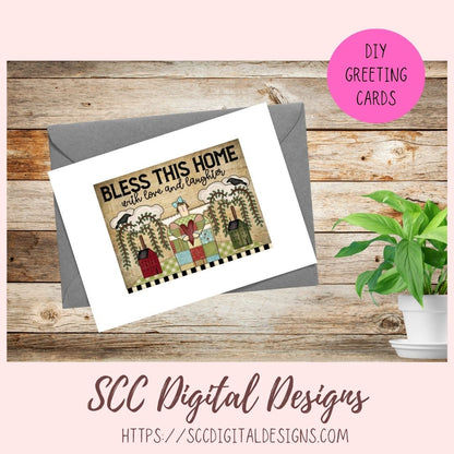 Bless This Home With Love & Laughter PNG, Prim Clipart for Home Decor for Mom, Salt Block Houses Primitive Clip Art for Wall Art for Girlfriend