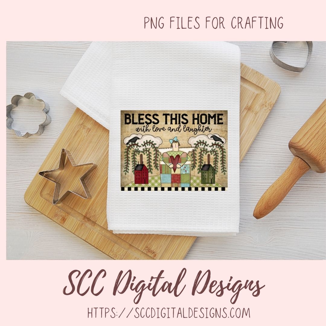 Bless This Home With Love & Laughter PNG, Prim Clipart for Home Decor for Mom, Salt Block Houses Primitive Clip Art for Wall Art for Girlfriend