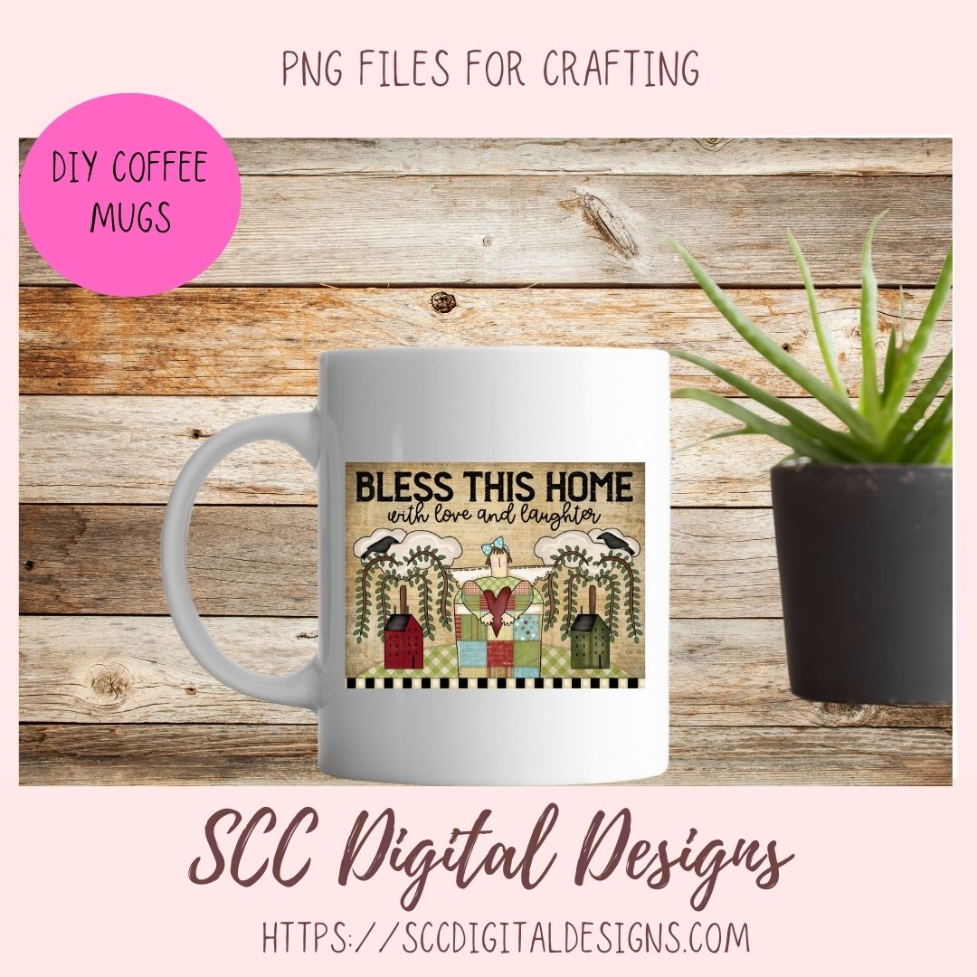 Bless This Home With Love & Laughter PNG, Prim Clipart for Home Decor for Mom, Salt Block Houses Primitive Clip Art for Wall Art for Girlfriend