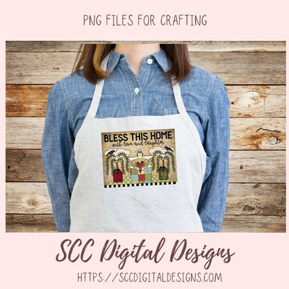 Bless This Home With Love & Laughter PNG, Prim Clipart for Home Decor for Mom, Salt Block Houses Primitive Clip Art for Wall Art for Girlfriend