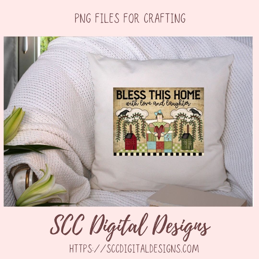 Bless This Home With Love & Laughter PNG, Prim Clipart for Home Decor for Mom, Salt Block Houses Primitive Clip Art for Wall Art for Girlfriend