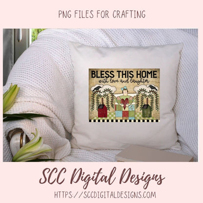 Bless This Home With Love & Laughter PNG, Prim Clipart for Home Decor for Mom, Salt Block Houses Primitive Clip Art for Wall Art for Girlfriend